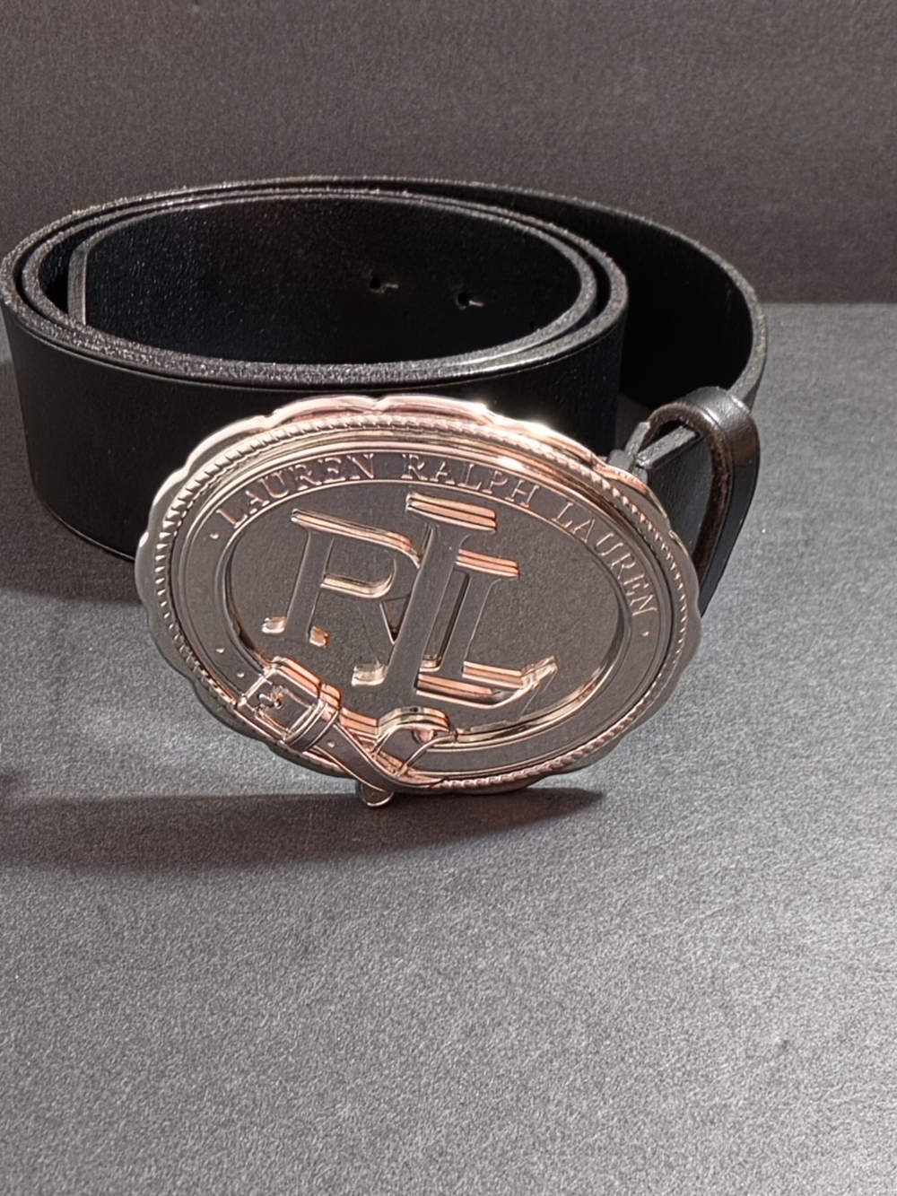 Lauren Ralph Lauren Black Leather Belt with Silver-Tone RL Medallion Buckle